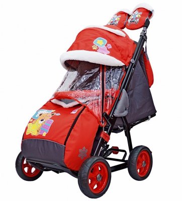 Санки-коляска SNOW GALAXY City-1 Мишка со звездой на красном на больших колёсах Ева+сумка+варежки