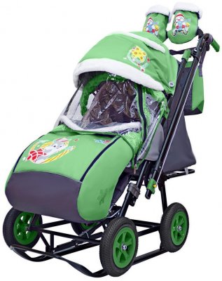 Санки-коляска SNOW GALAXY City-2-1 Серый Зайка на зелёном на больших надувных колёсах+сумка+варежки