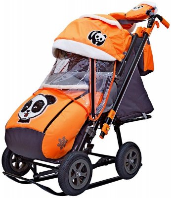 Санки-коляска SNOW GALAXY City-2-1 Панда на оранжевом на больших надувных колёсах+сумка+варежки