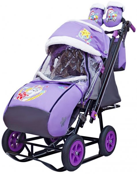 Санки-коляска SNOW GALAXY City-2-1 Серый Зайка на фиолетовом на больших надувных колёсах+сумка+вареж