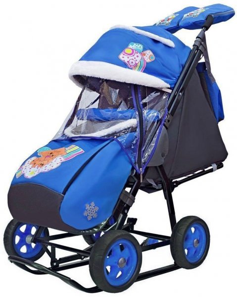 Санки-коляска SNOW GALAXY City-1 2 Медведя на облаке на синем на больших колёсах Ева+сумка+варежки 