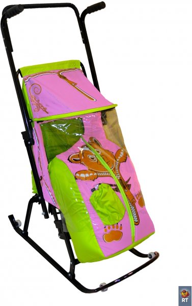 Санки-коляска Снегурочка 4-Р МЕДВЕЖОНОК с 4 колесиками, салатовый-розовый