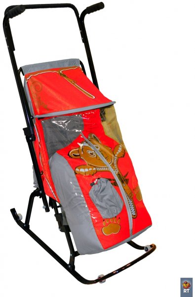 Санки-коляска Снегурочка 4-Р МЕДВЕЖОНОК с 4 колесиками, серый-красный