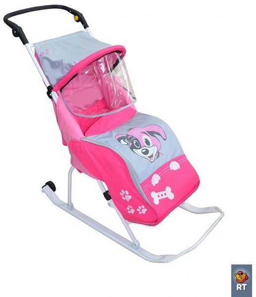 Санки-коляска Норма 11 Любопытный щенок  с колесиками, розовый