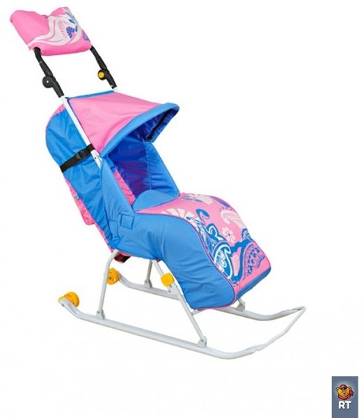 Санки-коляска Трансформер Люкс ЗИМНЯЯ СКАЗКА с колесиками и муфтой, розовый-голубой