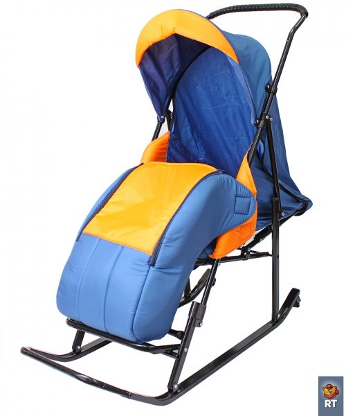 Санки-коляска Шустрик-Имго-6 на колесиках с горизонтальным положением спинки, синий-оранжевый