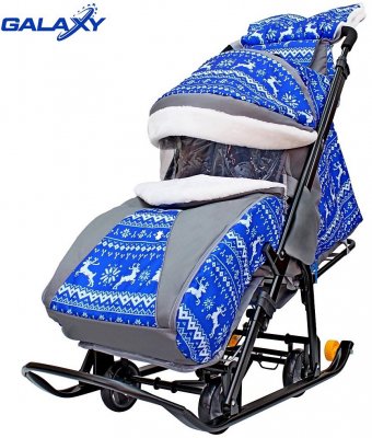 Санки-коляска SNOW GALAXY LUXE Зимняя ночь Олени синие на больших мягких колесах+сумка+муфта 