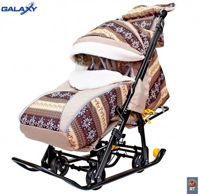 Санки-коляска SNOW GALAXY LUXE Скандинавия коричневая на больших мягких колесах+сумка+муфта