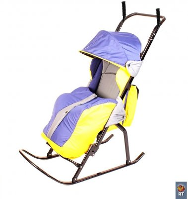 Санки-коляска Кенгуру-1, серый-желтый-синий