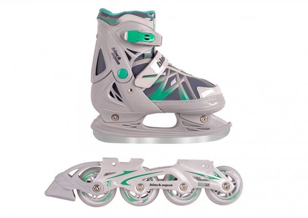 AS-410 Коньки BlackAqua 2в1 (коньки+ролики) , серо-зелёный (35-38р) 